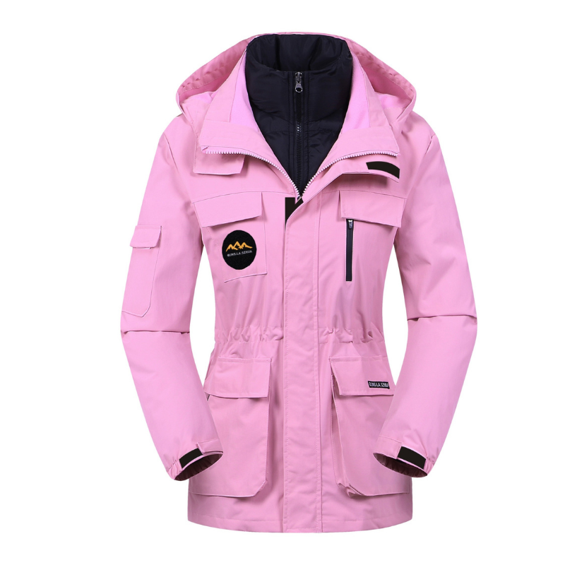 Pink jacket with black accents on a white background