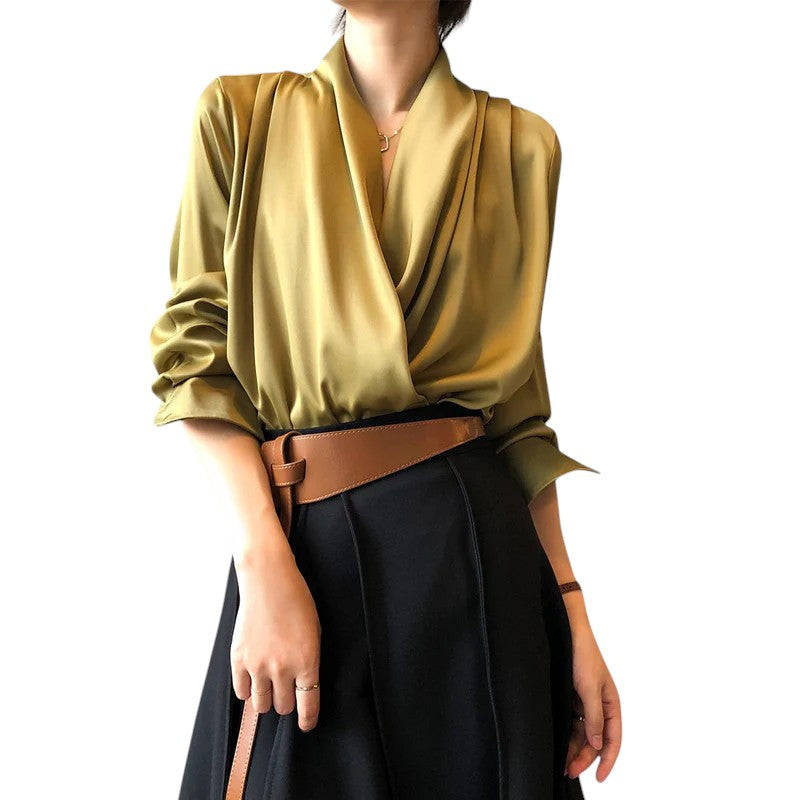 Women's soft pleated draped blouse with long sleeves