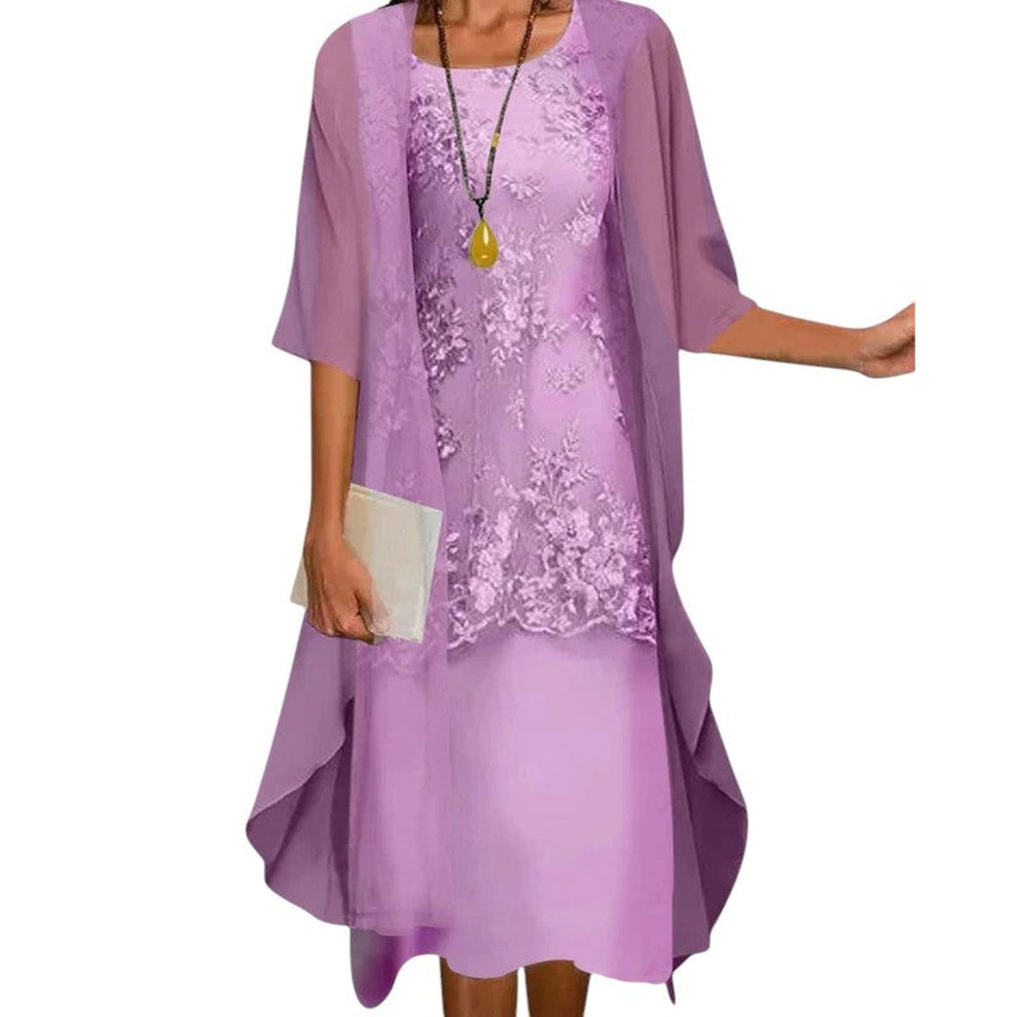 Chic Two-piece knee-length dress – Lace & chiffon formal outfit