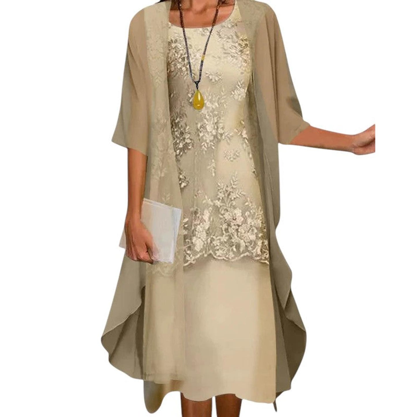Chic Two-piece knee-length dress – Lace & chiffon formal outfit
