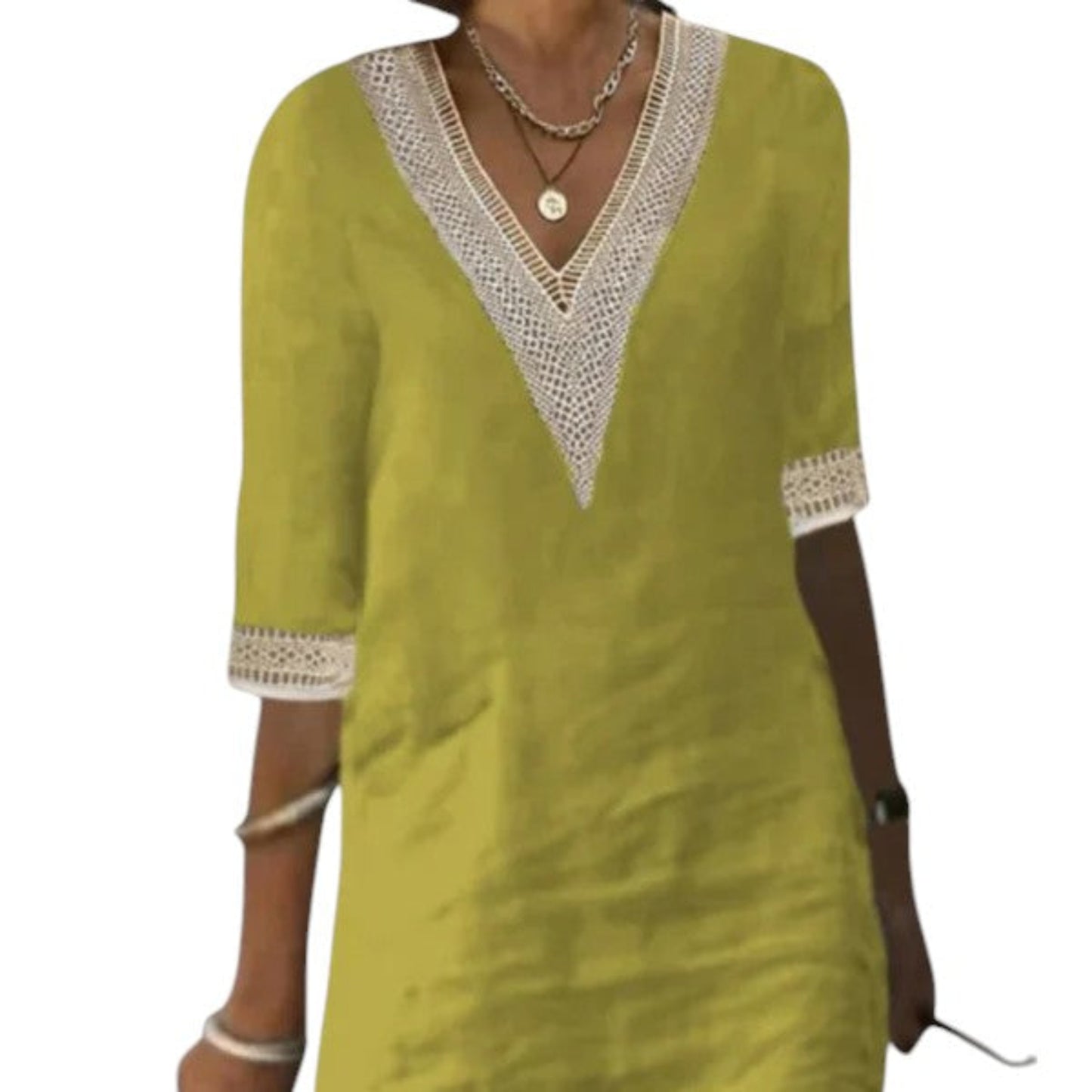 Linen summer dress for women – relaxed fit with V-neck and lace detail