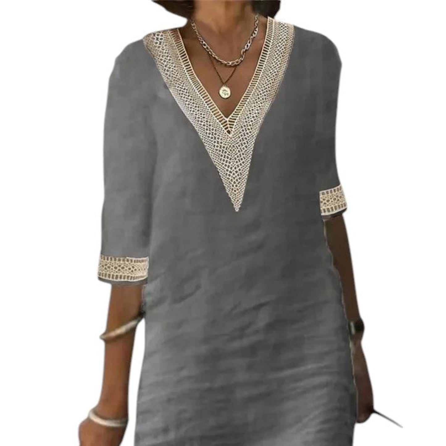 Linen summer dress for women – relaxed fit with V-neck and lace detail