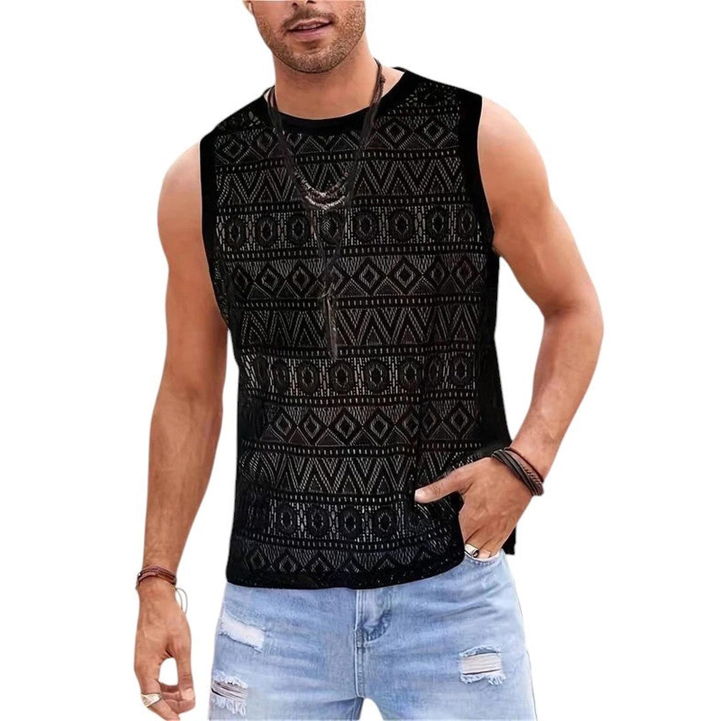 Men’s Crochet Tank Top - Sleeveless Geometric Knit - Lightweight & Breathable
