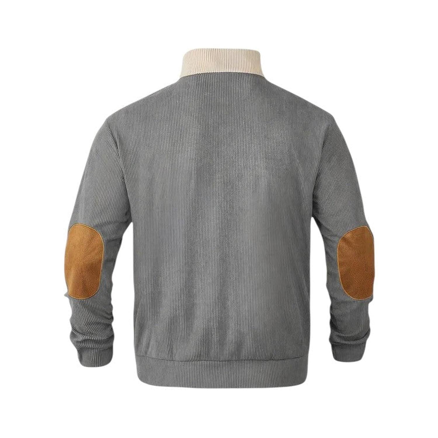Pullover Sweater Men Ribbed Quarter Button Stand Collar Long Sleeve Elbow Patches