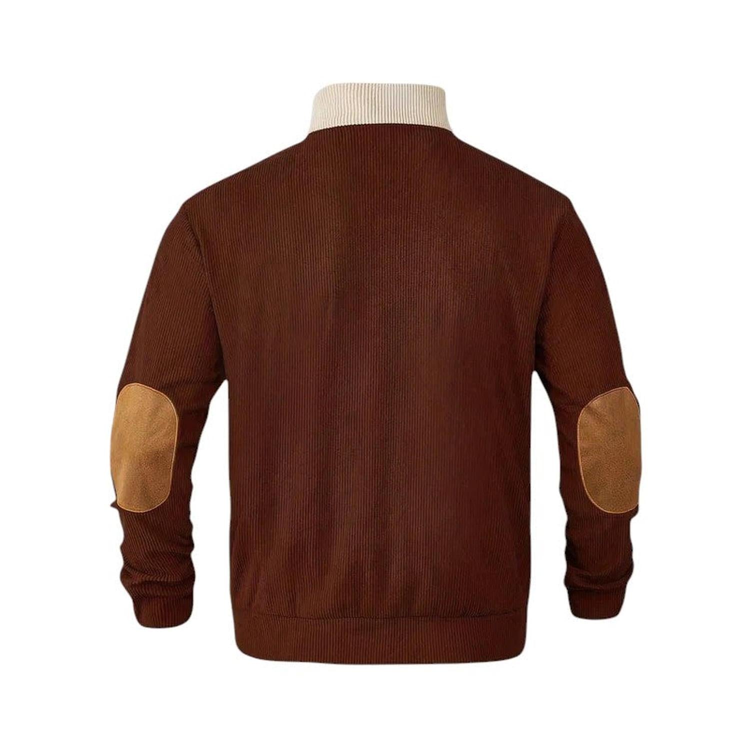 Pullover Sweater Men Ribbed Quarter Button Stand Collar Long Sleeve Elbow Patches