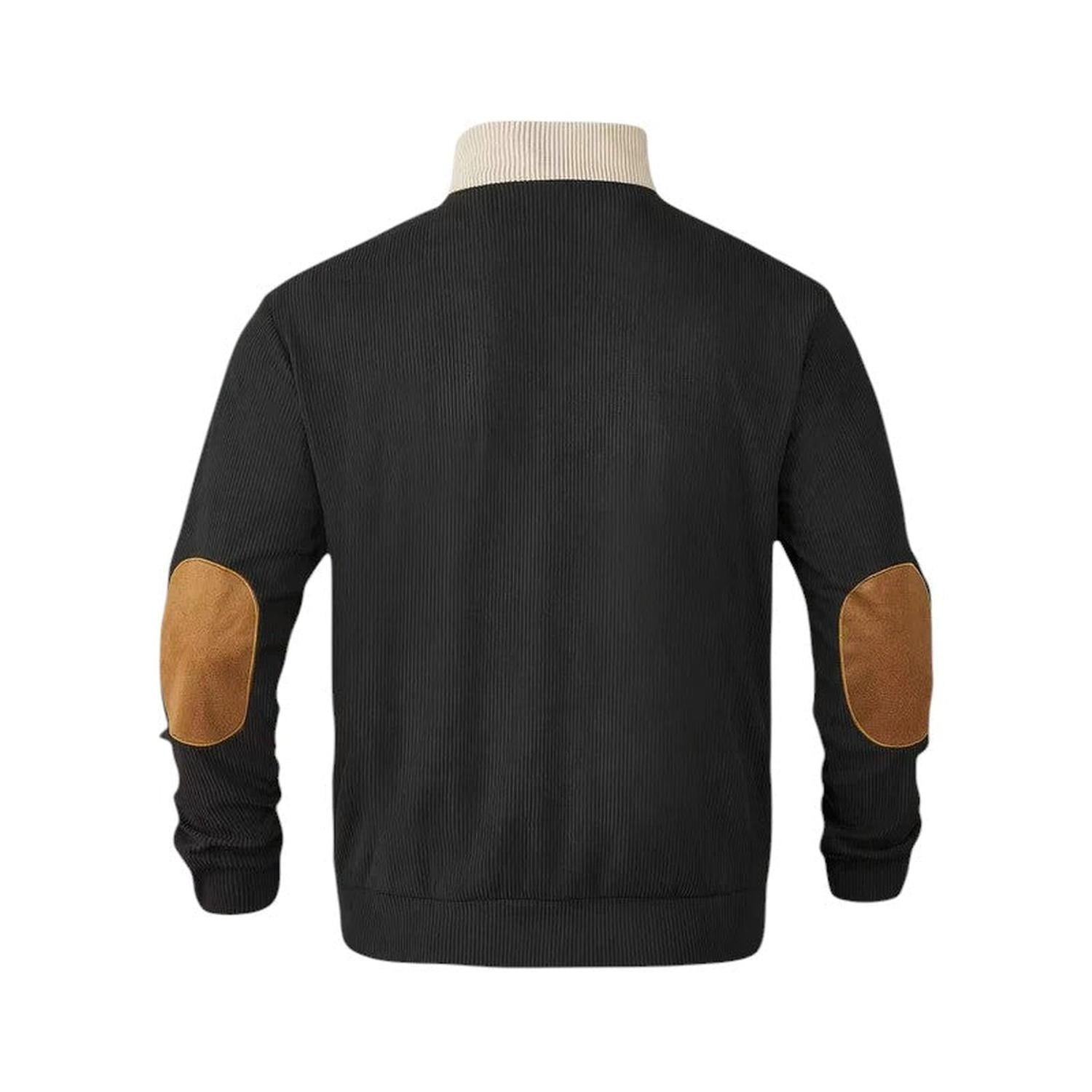 Pullover Sweater Men Ribbed Quarter Button Stand Collar Long Sleeve Elbow Patches