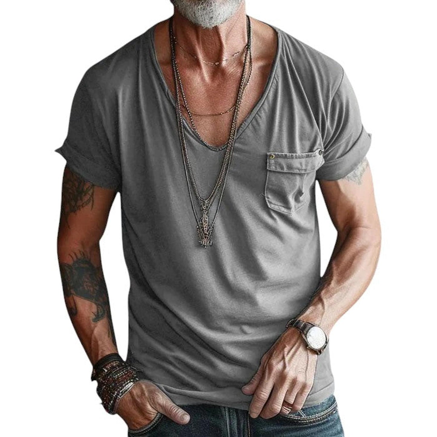 Men’s V-Neck T-Shirt – Short Sleeve – Rolled Cuffs – Chest Pocket – Casual Fit