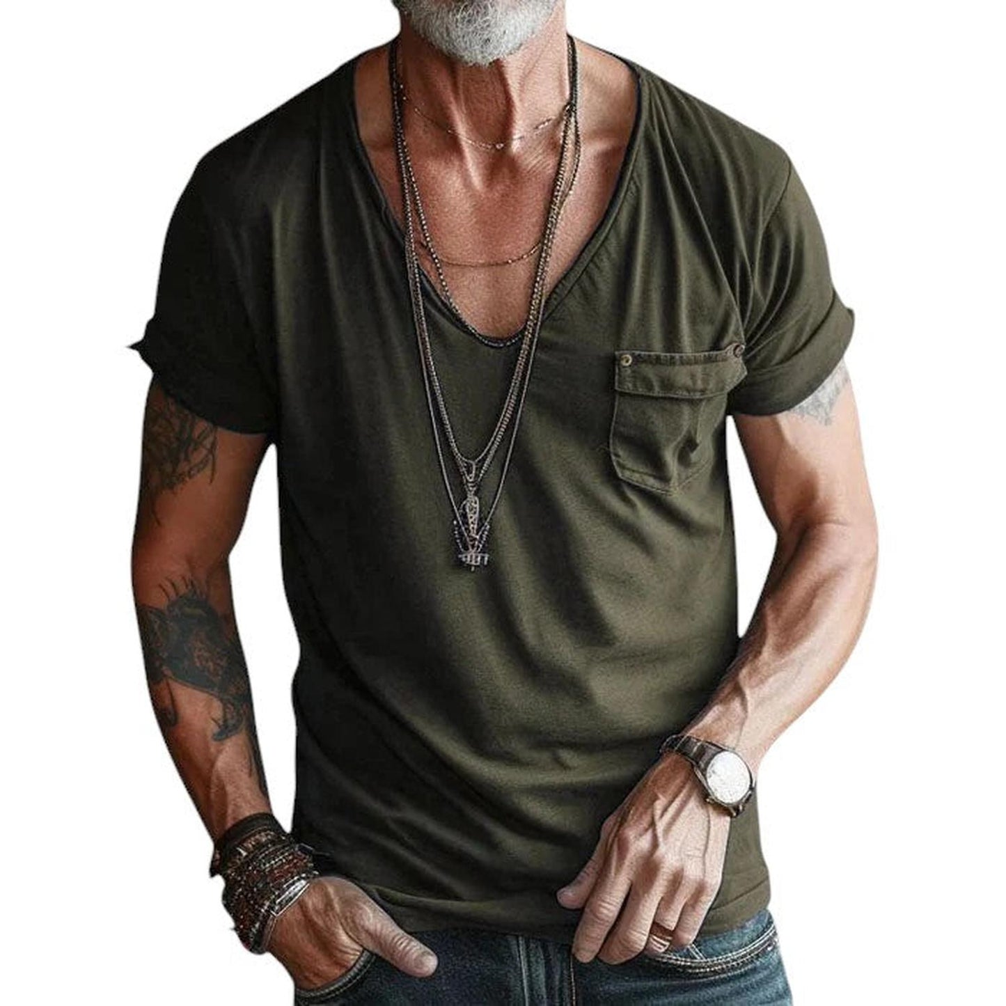 Men’s V-Neck T-Shirt – Short Sleeve – Rolled Cuffs – Chest Pocket – Casual Fit