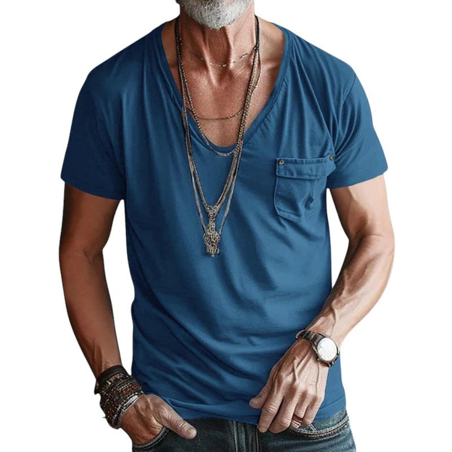 Men’s V-Neck T-Shirt – Short Sleeve – Rolled Cuffs – Chest Pocket – Casual Fit