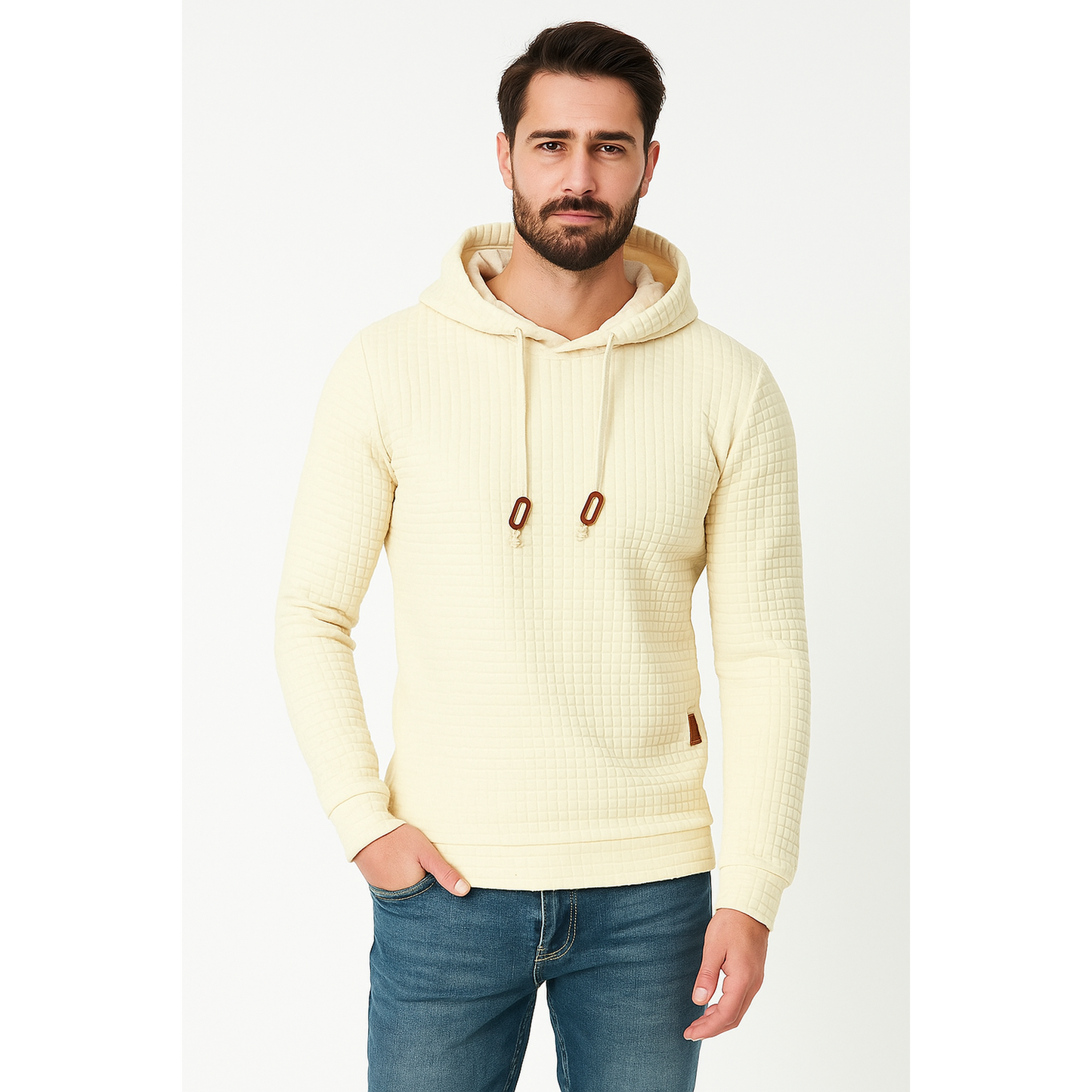 Man wearing casual check pattern hoodie sweatshirt