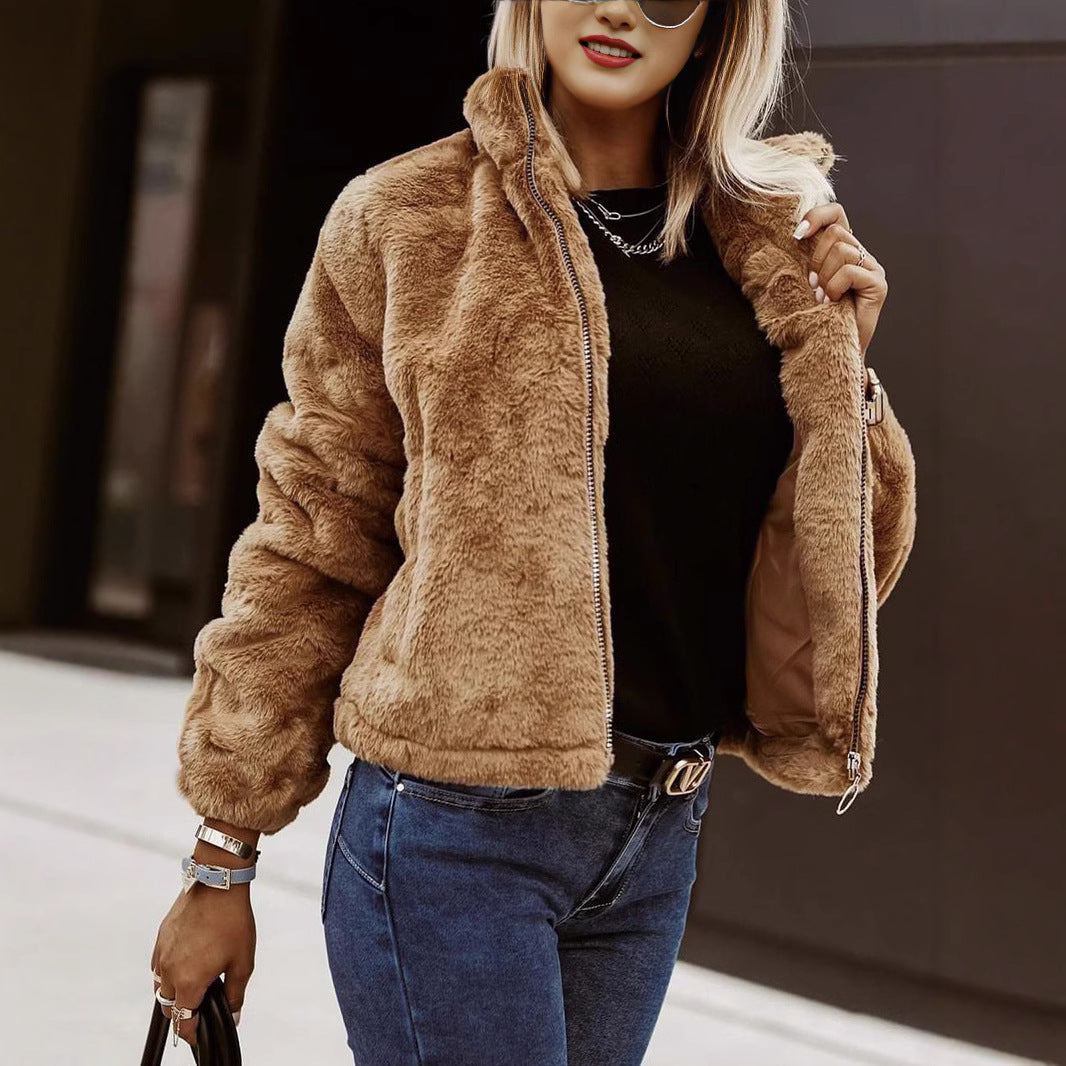 Women’s faux fur coat - oversized fit high collar with zip front - plush texture