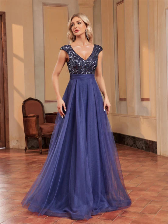Evening Dress with Sequins - Women’s Maxi Dress