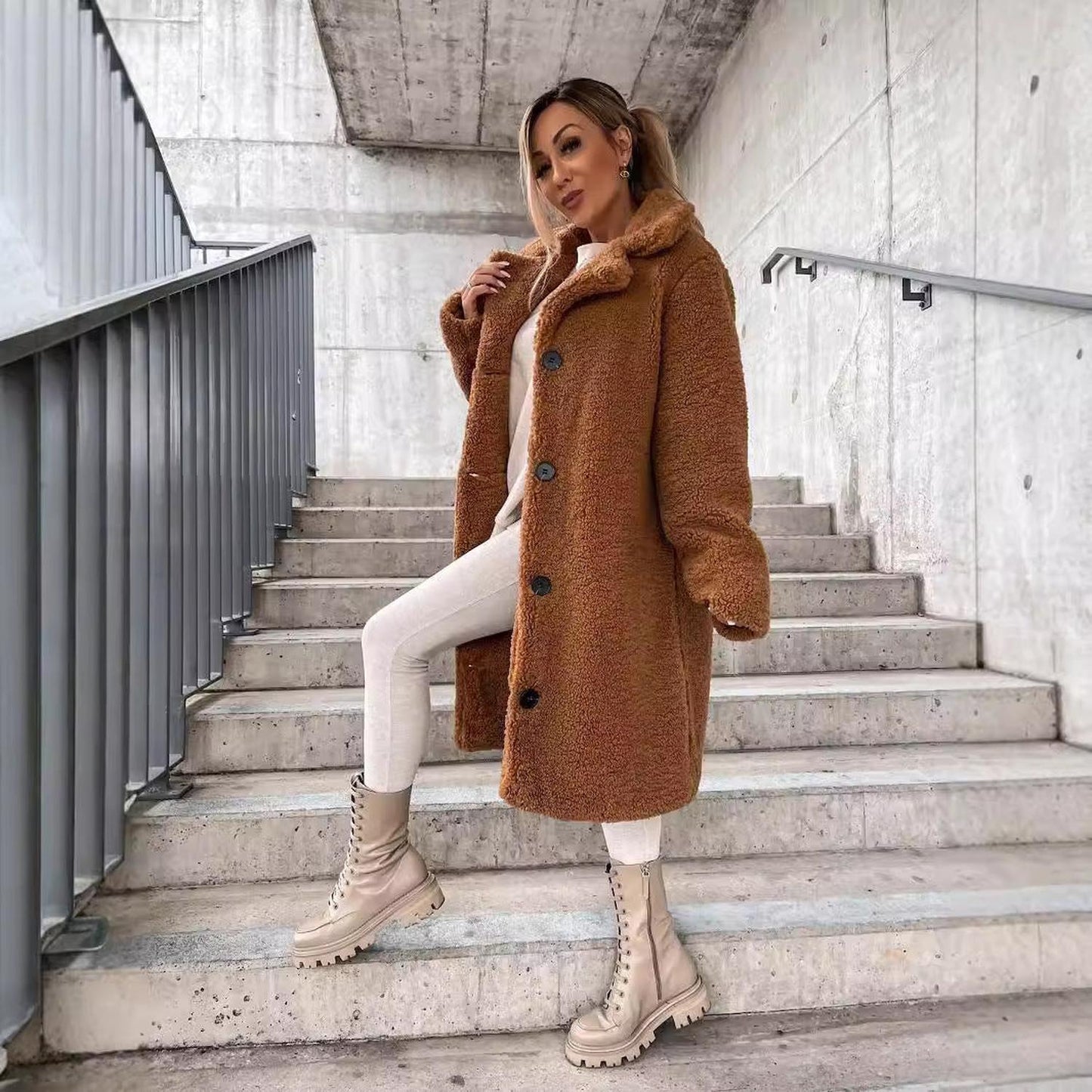 Women’s long coat - wool blend with oversized fit, lapel collar, button front and pockets