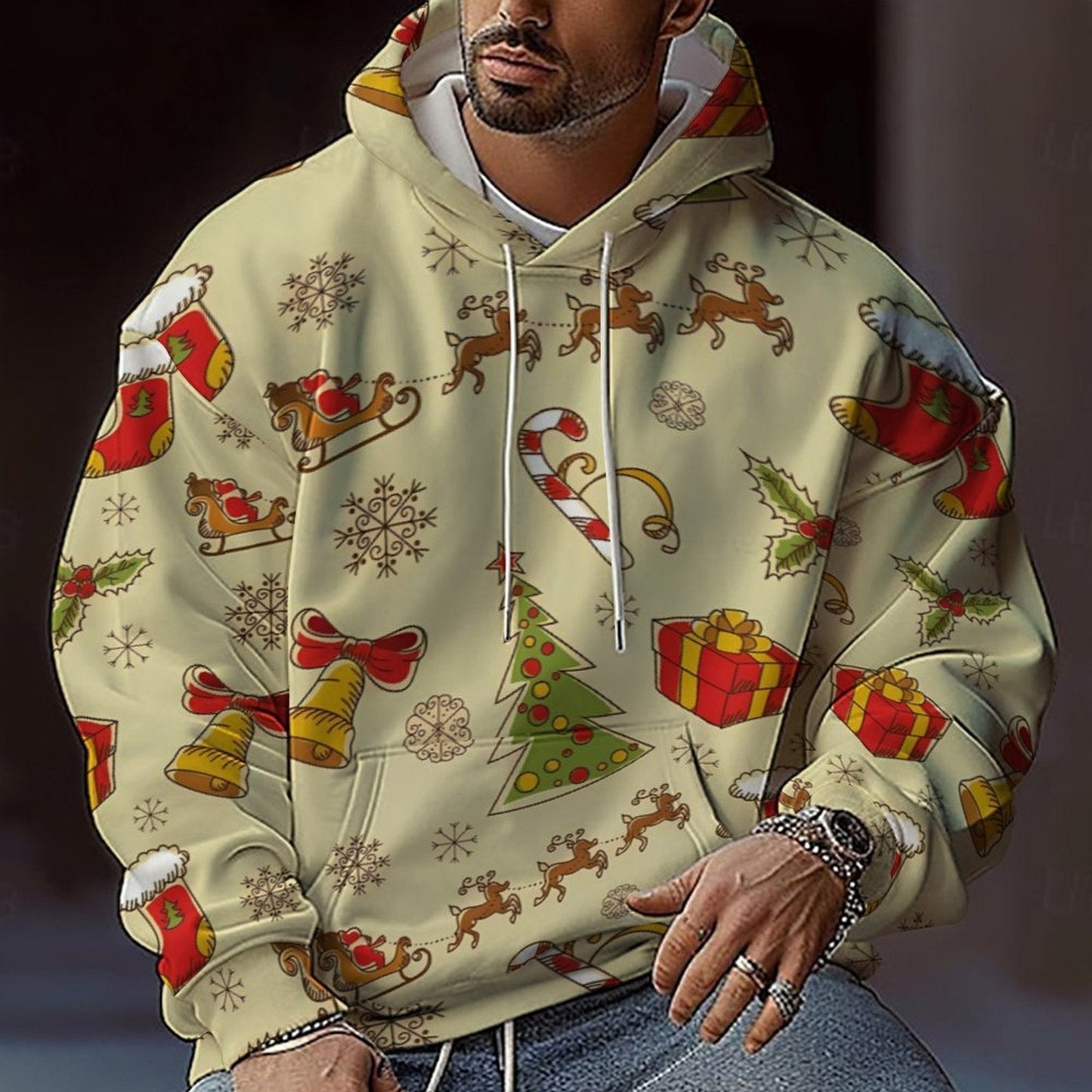 Men’s Christmas Hoodie - Reindeer & Snowflake, Long Sleeve