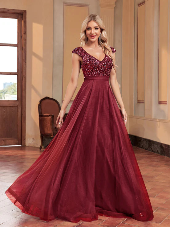 Evening Dress with Sequins - Women’s Maxi Dress