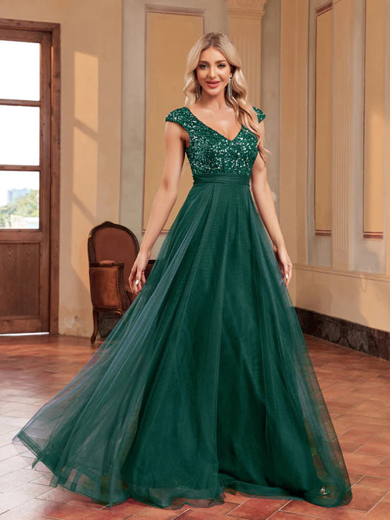 Evening Dress with Sequins - Women’s Maxi Dress