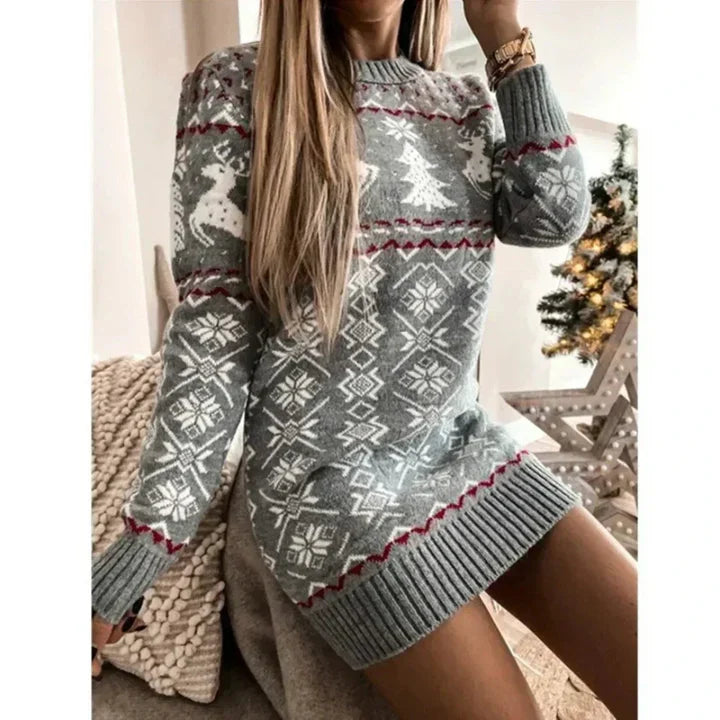 Knitted Christmas Dress with Reindeer and Snowflakes