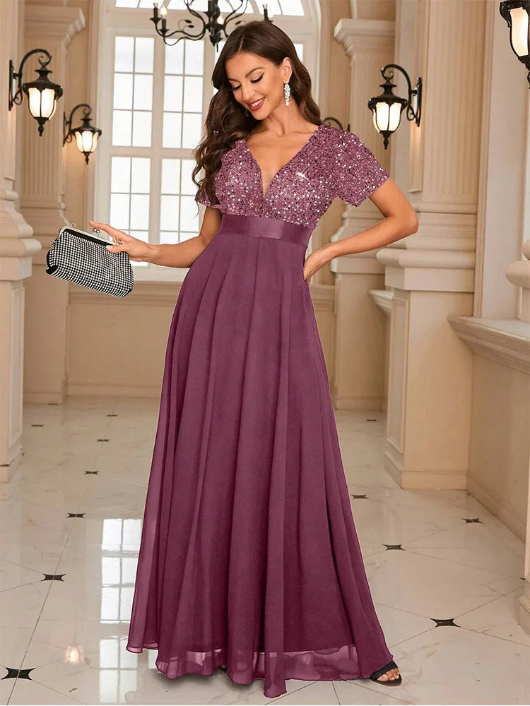 Women’s Sequin V-Neck Maxi Dress - Flared Christmas