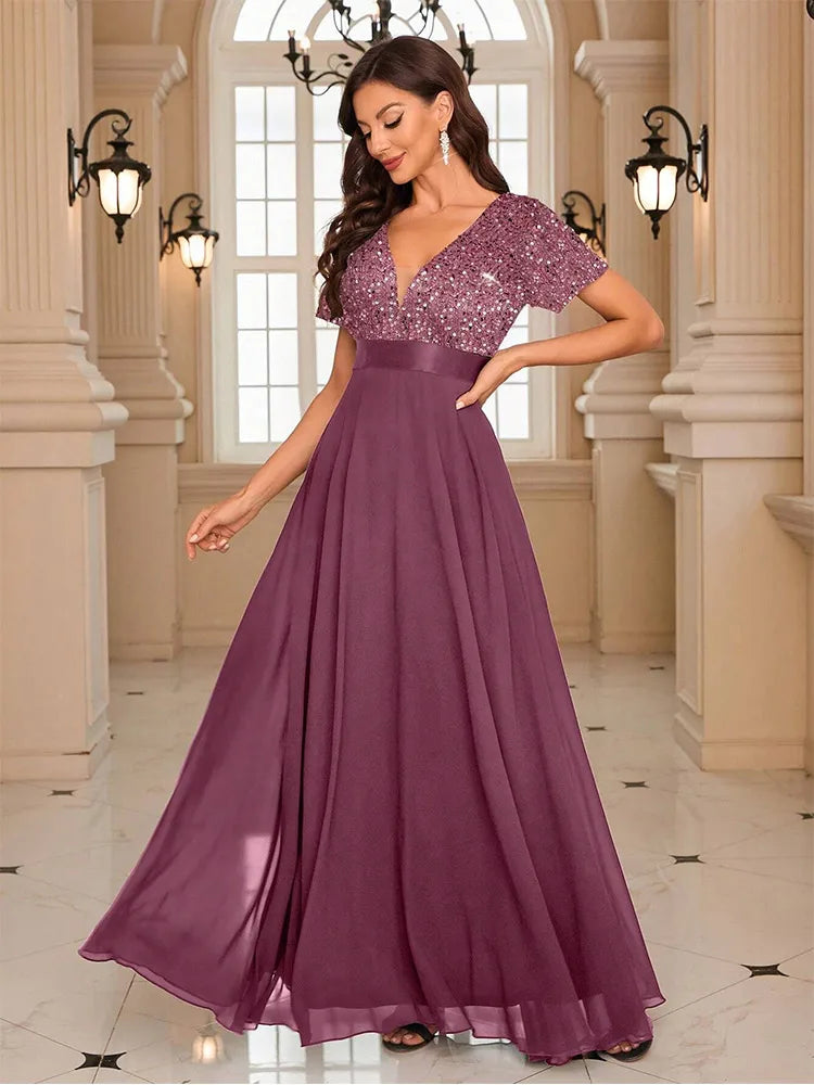 Women’s Sequin V-Neck Maxi Dress - Flared Christmas