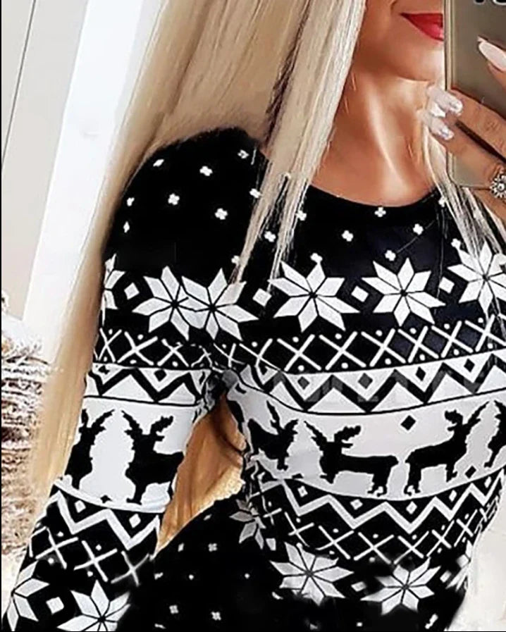 Casual Warm Christmas Midi Dress for Women - Long Sleeve