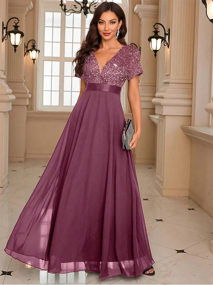Women’s Sequin V-Neck Maxi Dress - Flared Christmas