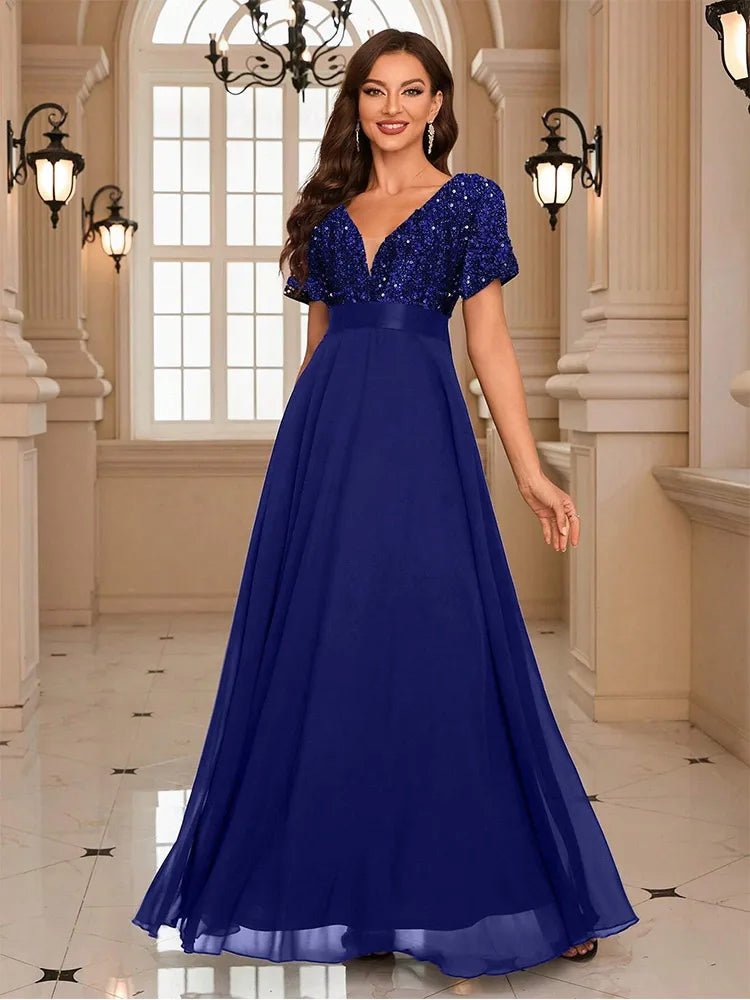 Women’s Sequin V-Neck Maxi Dress - Flared Christmas