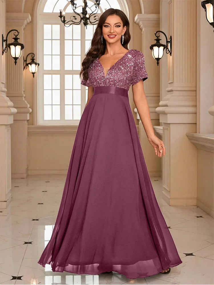 Women’s Sequin V-Neck Maxi Dress - Flared Christmas