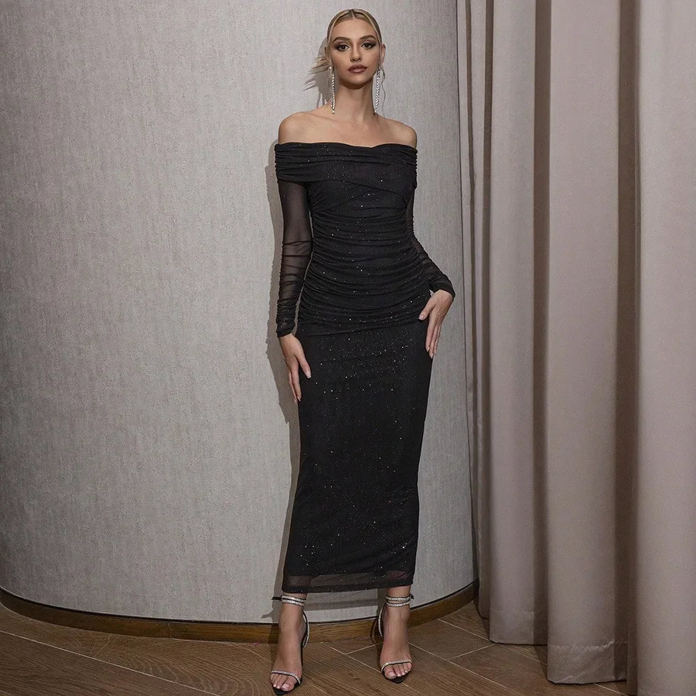 Women's Off-Shoulder Maxi Dress - Long Sleeve Evening Dress