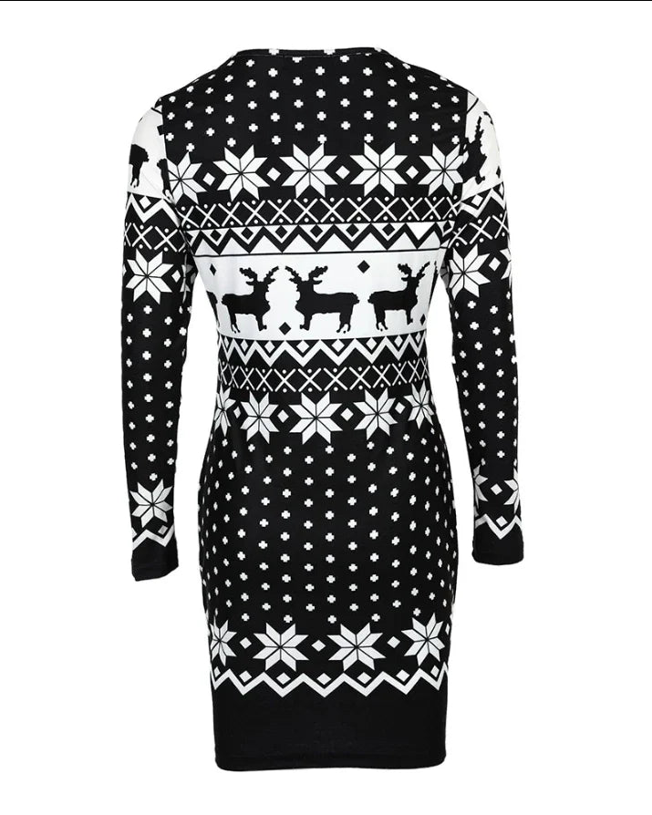 Casual Warm Christmas Midi Dress for Women - Long Sleeve
