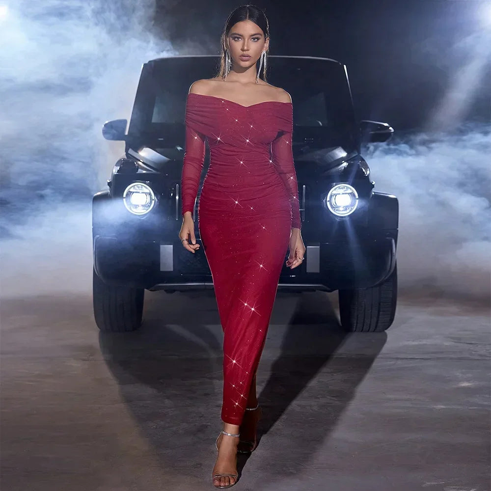 Women's Off-Shoulder Maxi Dress - Long Sleeve Evening Dress