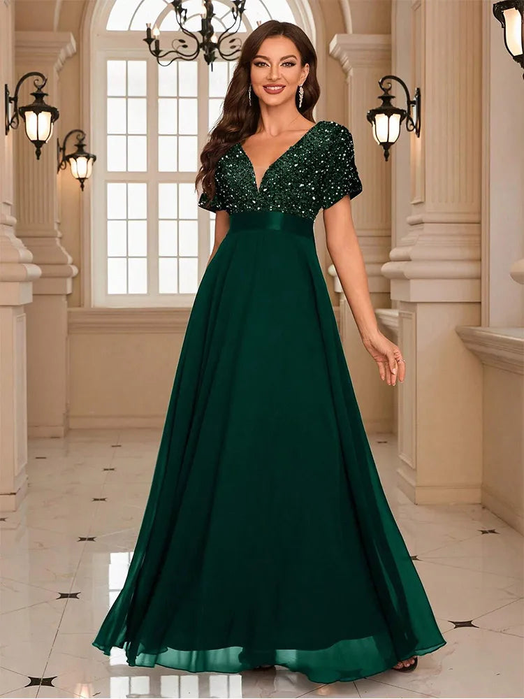 Women’s Sequin V-Neck Maxi Dress - Flared Christmas