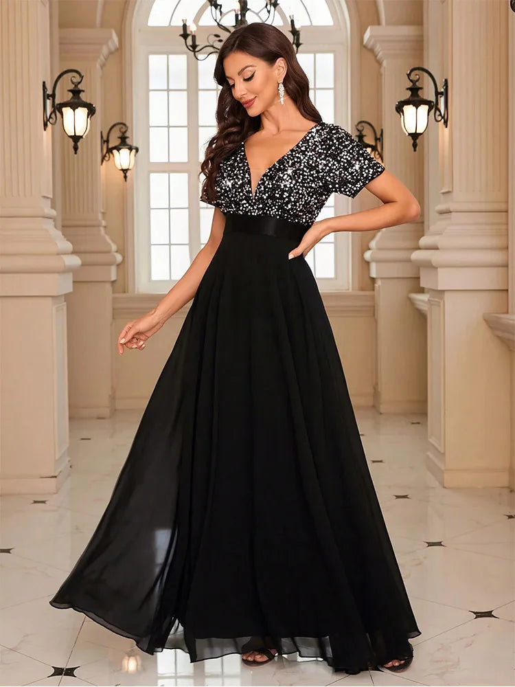 Women’s Sequin V-Neck Maxi Dress - Flared Christmas