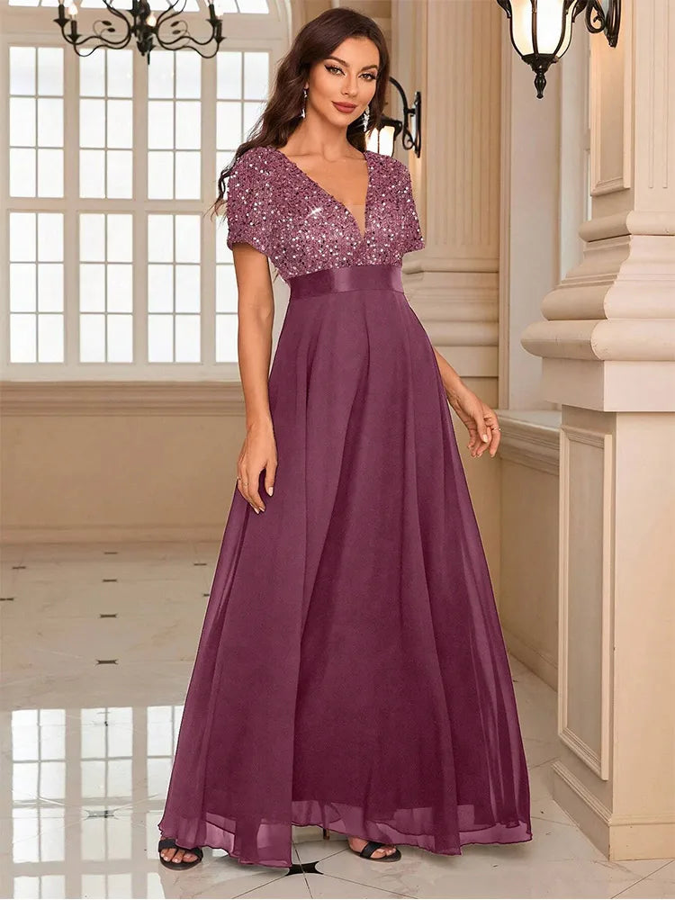Women’s Sequin V-Neck Maxi Dress - Flared Christmas