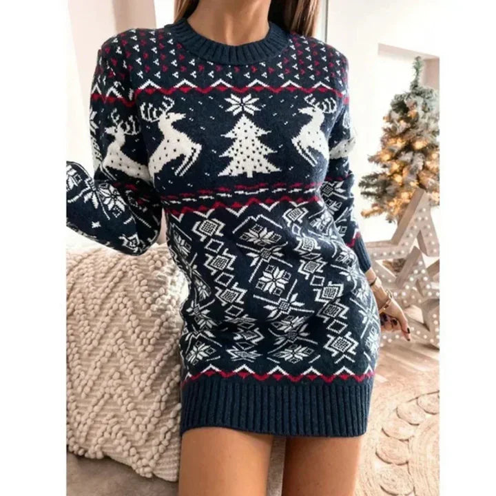 Knitted Christmas Dress with Reindeer and Snowflakes
