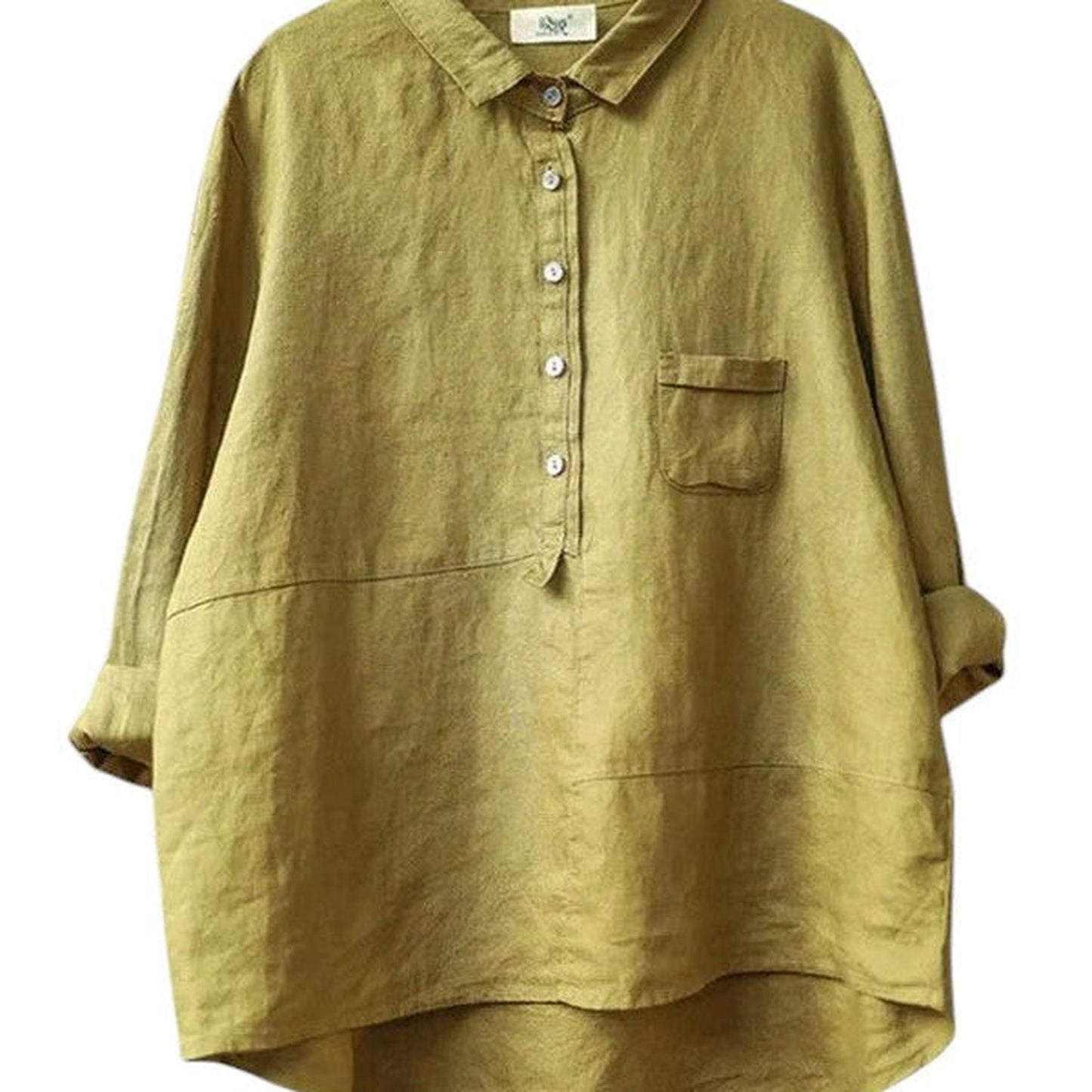 Women’s cotton-linen long sleeve shirt – Lapel neck, relaxed fit, solid colour