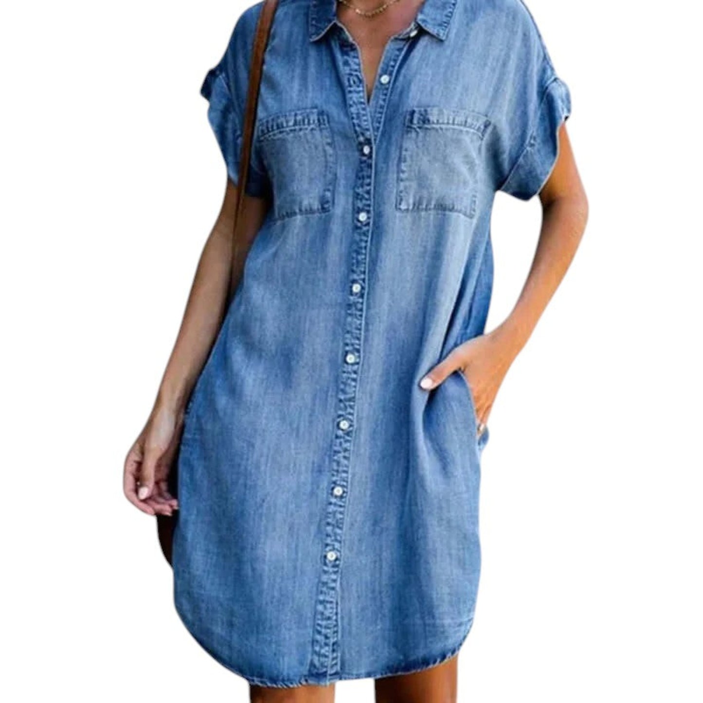 Women’s denim shirt dress – knee-length, short sleeve and relaxed fit