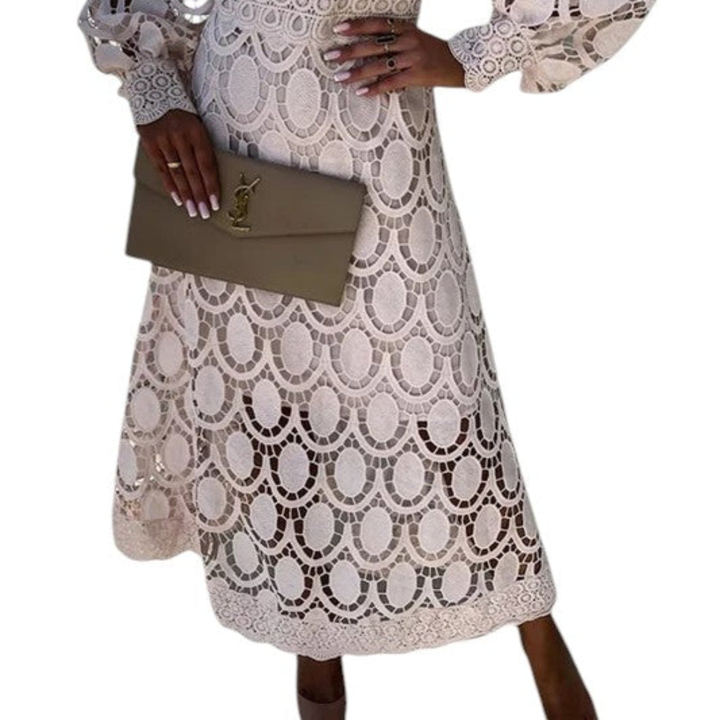 Women’s lace midi dress – High neck & puff sleeves for elegant occasions