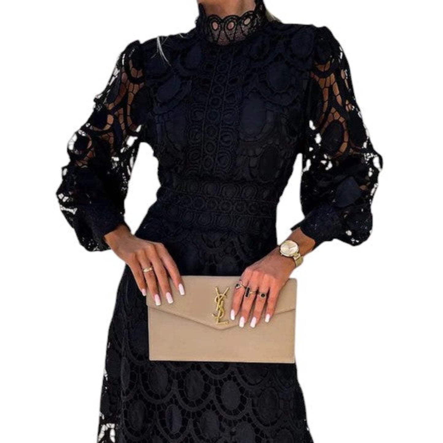 Women’s lace midi dress – High neck & puff sleeves for elegant occasions