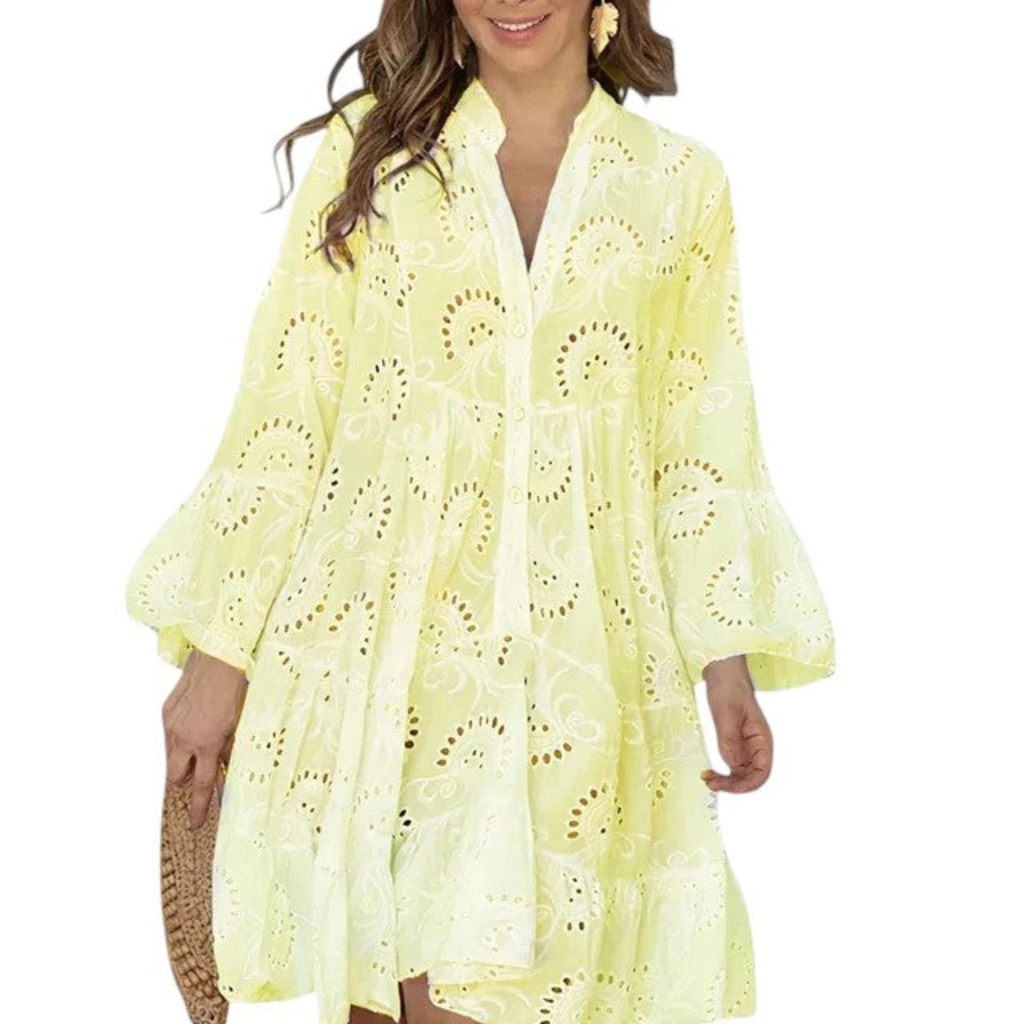 Women’s tiered A-line dress with eyelet embroidery and bell sleeves