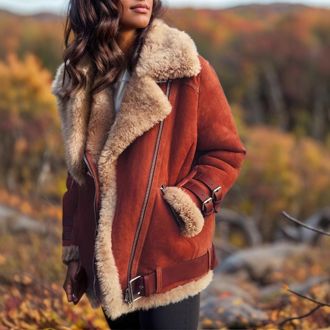 Coat Women Oversized Fit Mid Length Faux Fur Collar Cotton Feel Zip Detail