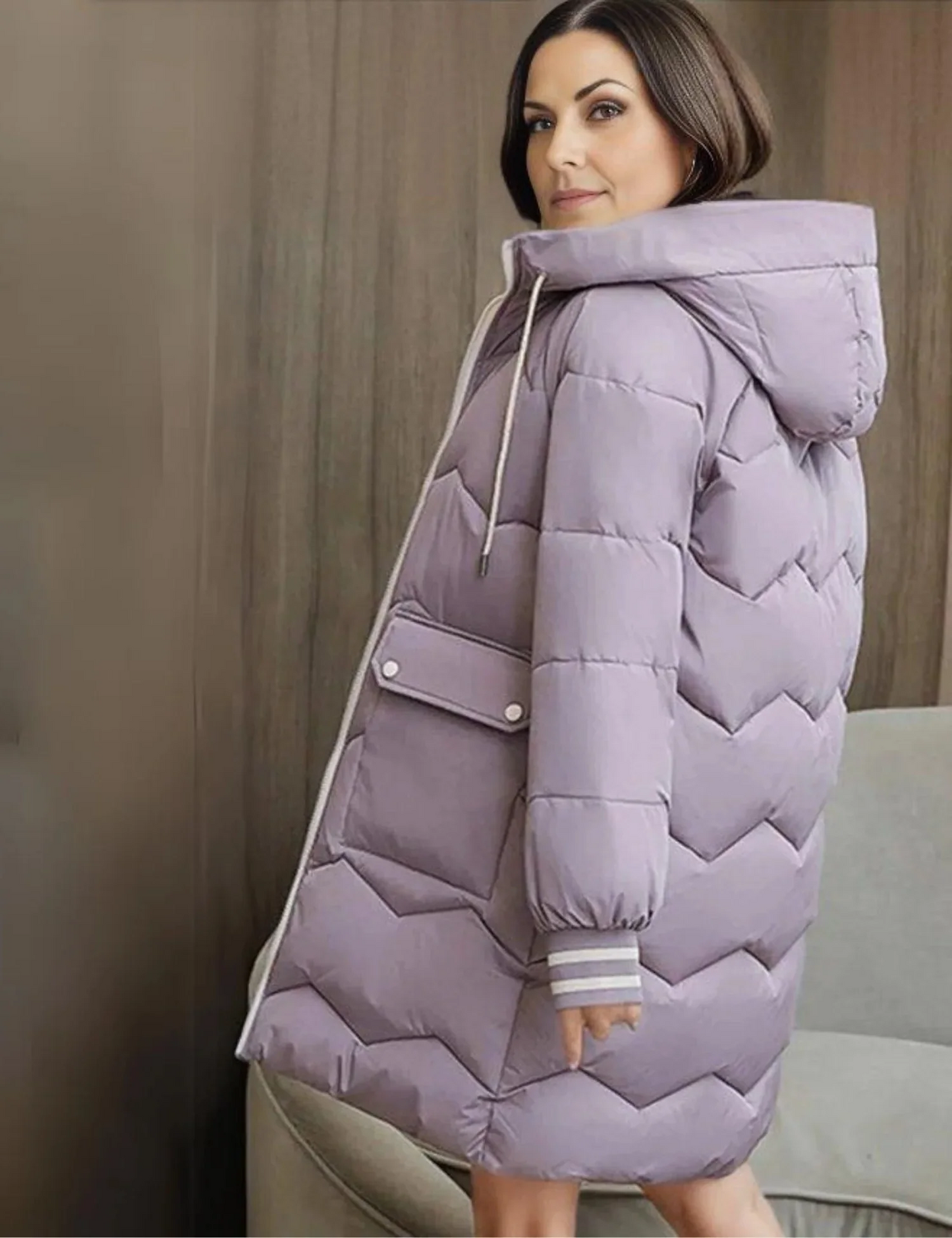 Quilted Jacket Women Hooded Tailored Fit Knee Length Coat