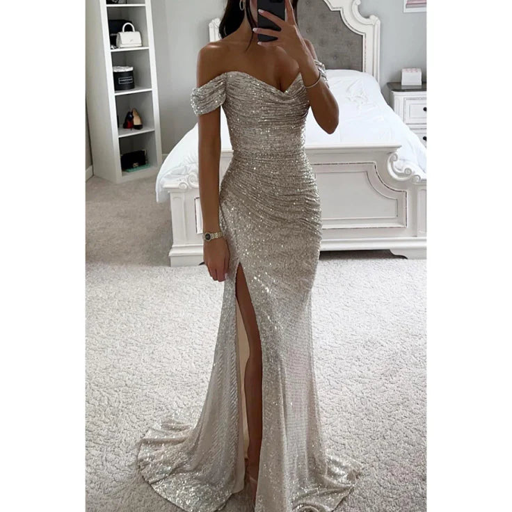 Evening Maxi Dress Women Rhinestone Elegant Gown
