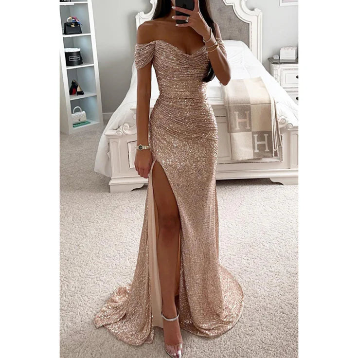 Evening Maxi Dress Women Rhinestone Elegant Gown