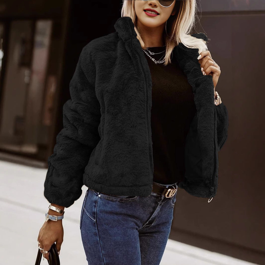 Faux Fur Coat Women Oversized Fit High Collar Zip Front Plush Texture