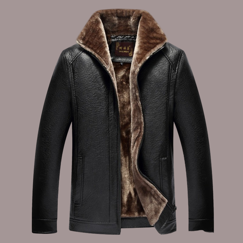 Faux Leather Jacket Men Warm Lined Jacket with Zipper