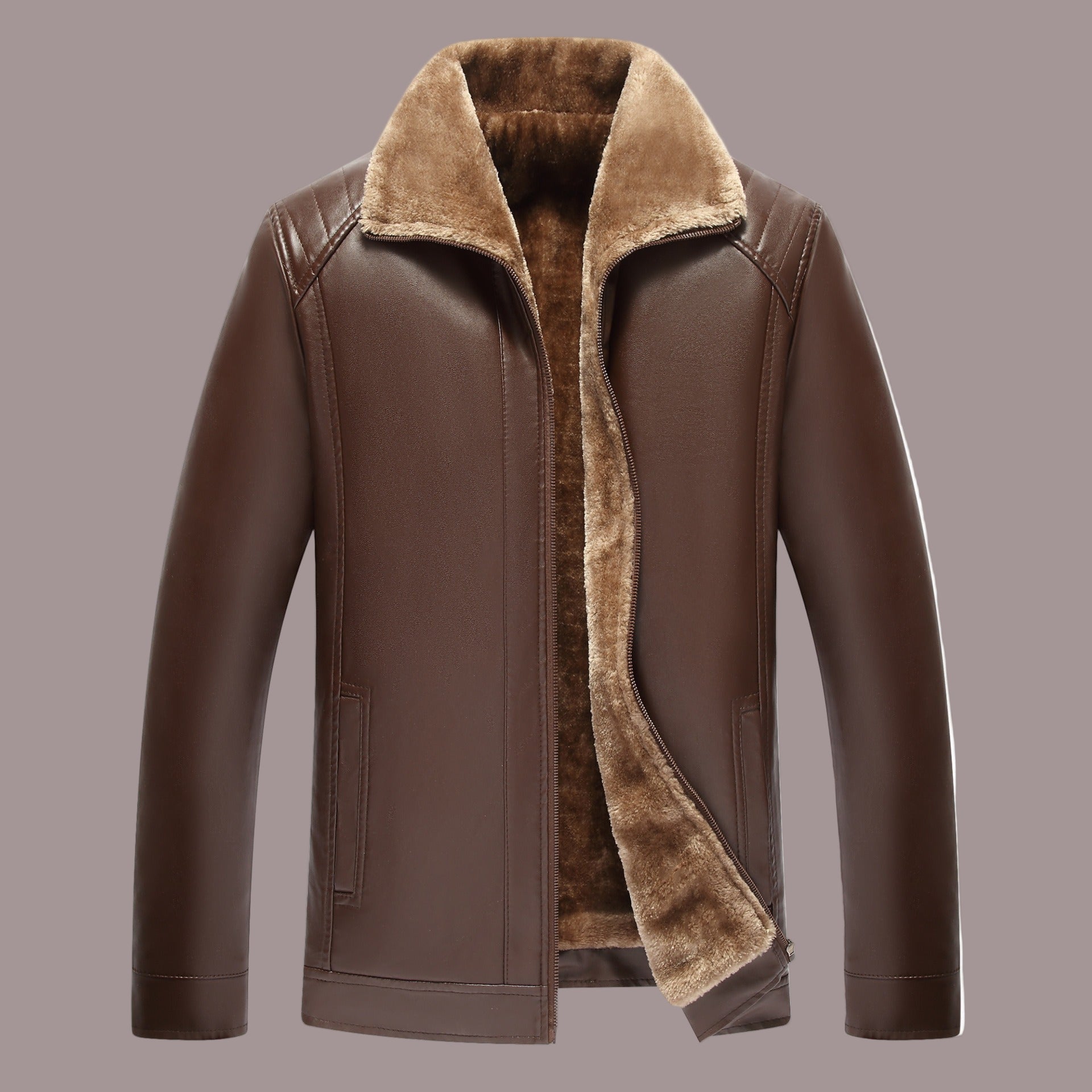 Faux Leather Jacket Men Warm Lined Jacket with Zipper