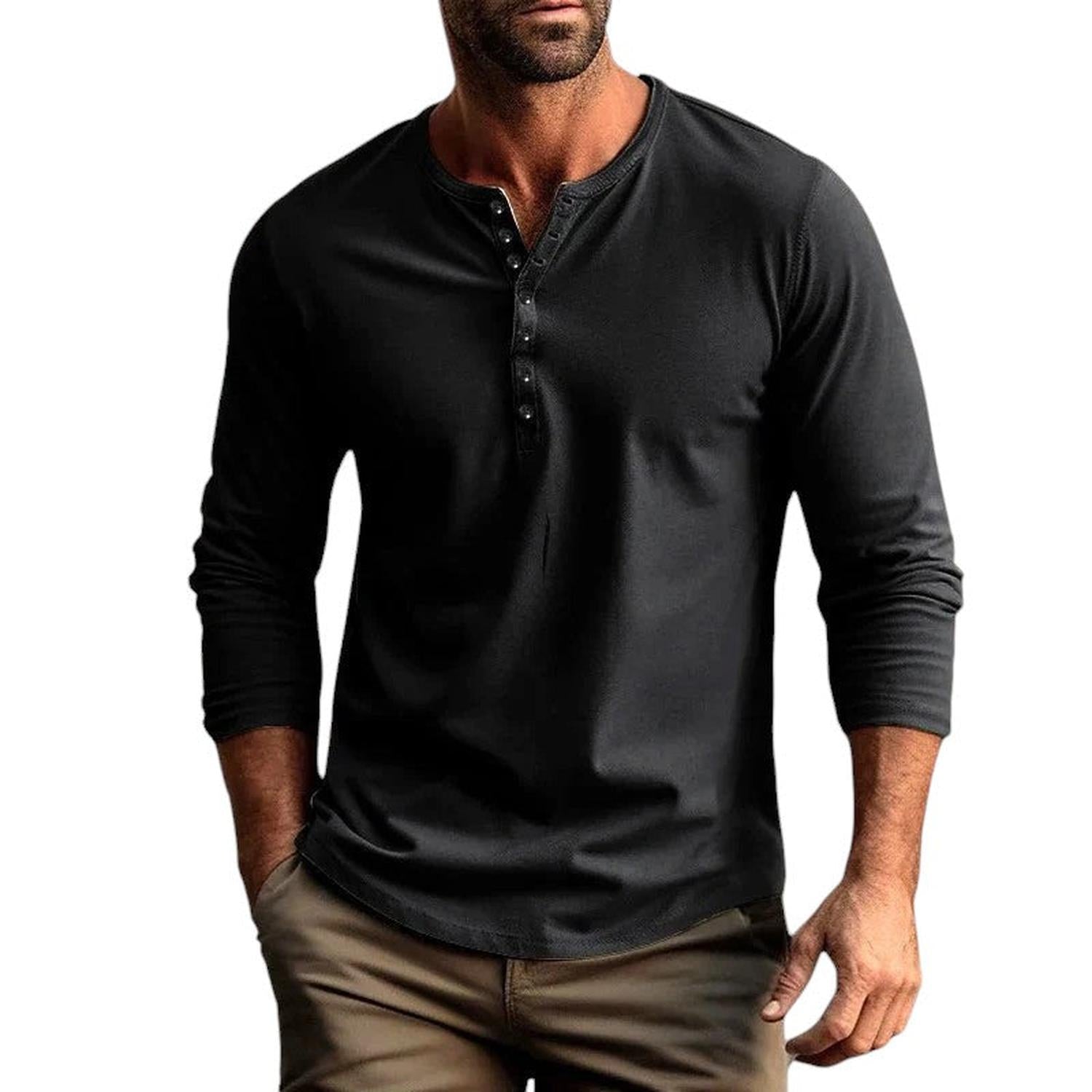Henley Shirt Men Long Sleeve Regular Fit Button Placket Breathable