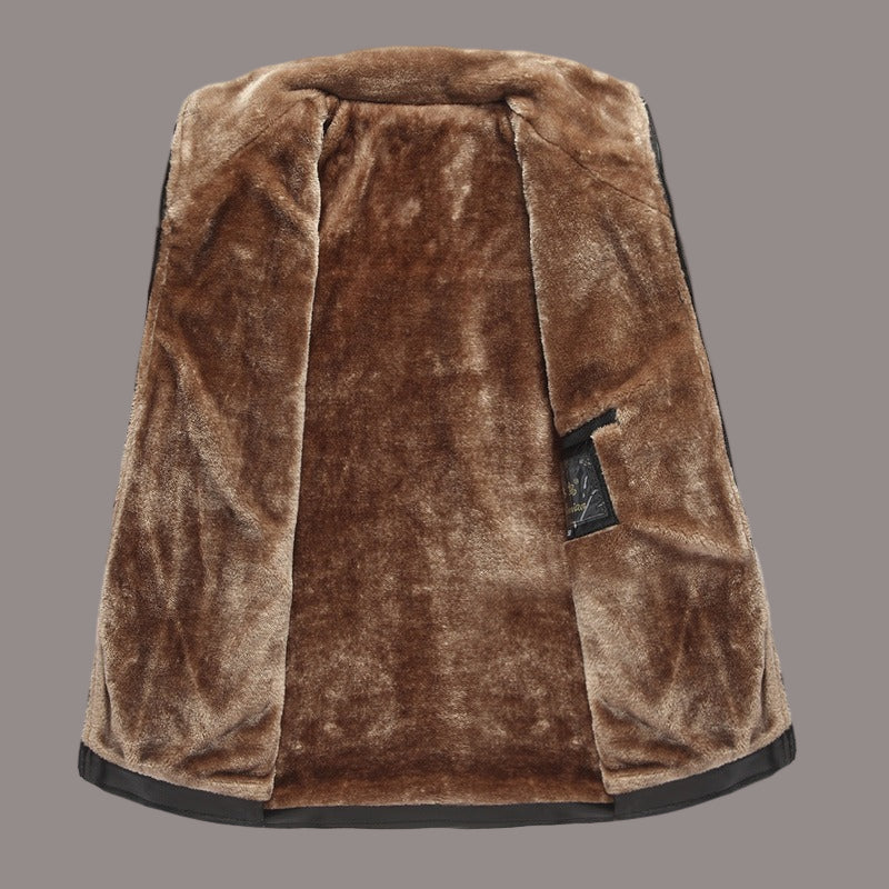 Faux Leather Jacket Men Warm Lined Jacket with Zipper