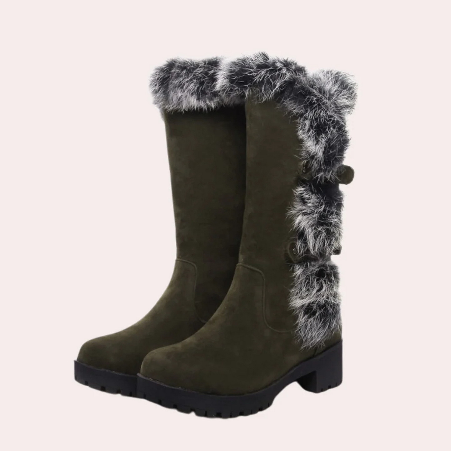 Women’s knee-high boots - suede touch with faux fur trim, lug sole and buckle detail