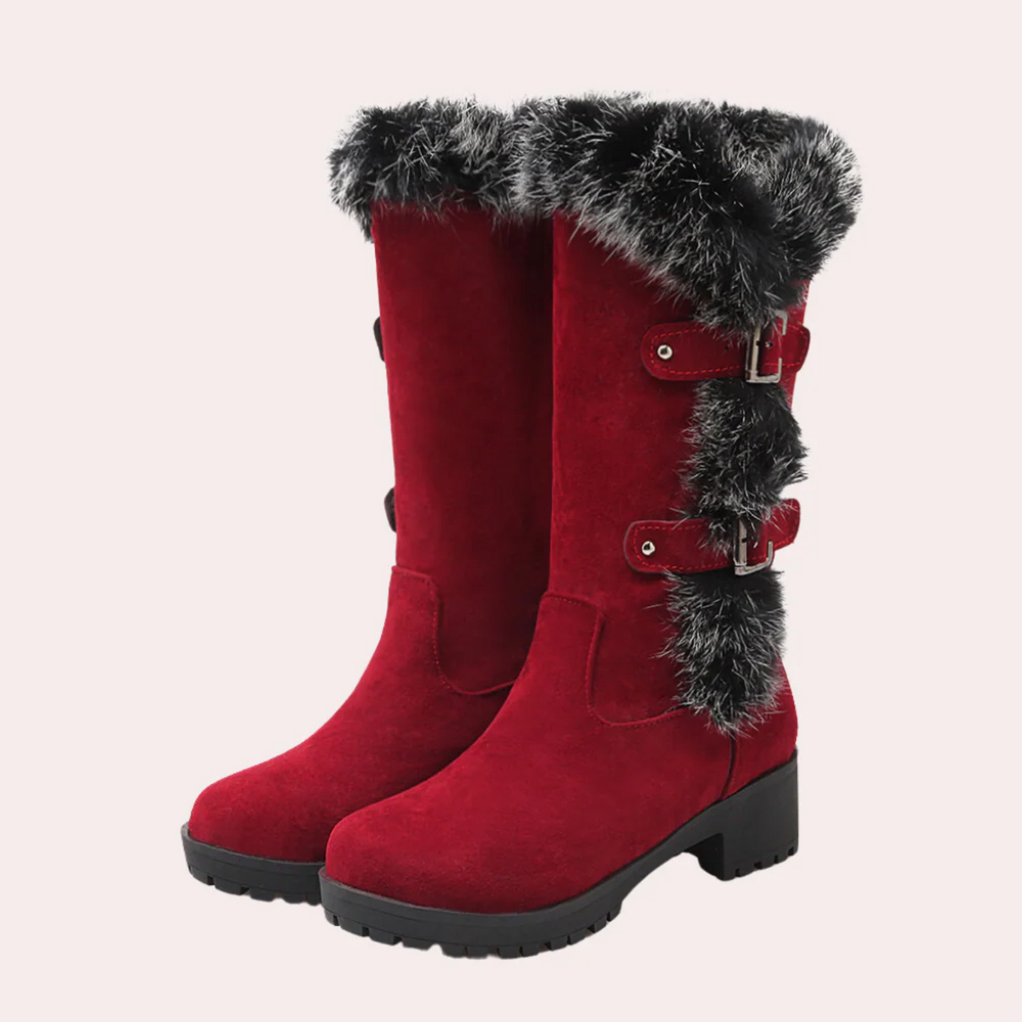 Women’s knee-high boots - suede touch with faux fur trim, lug sole and buckle detail